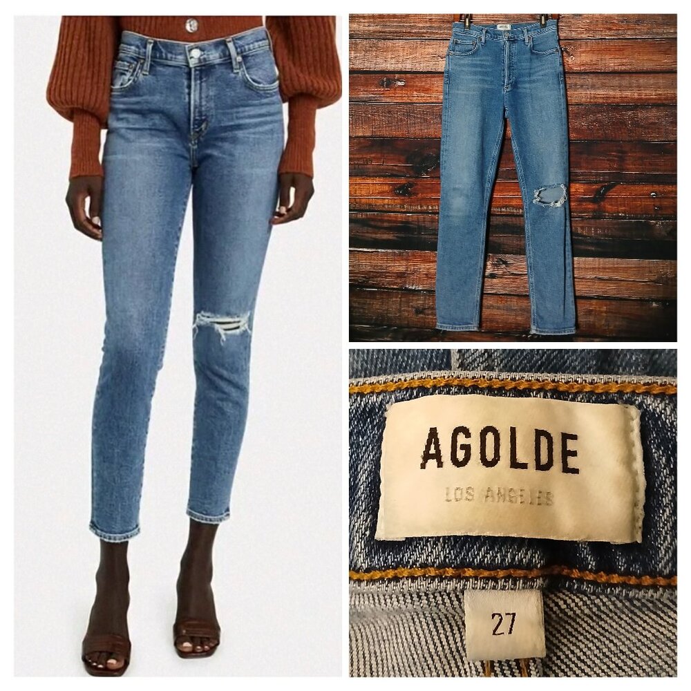 Agolde Jeans 27 Nico Ankle Crop High Rise Button Fly Distressed Blue Denim